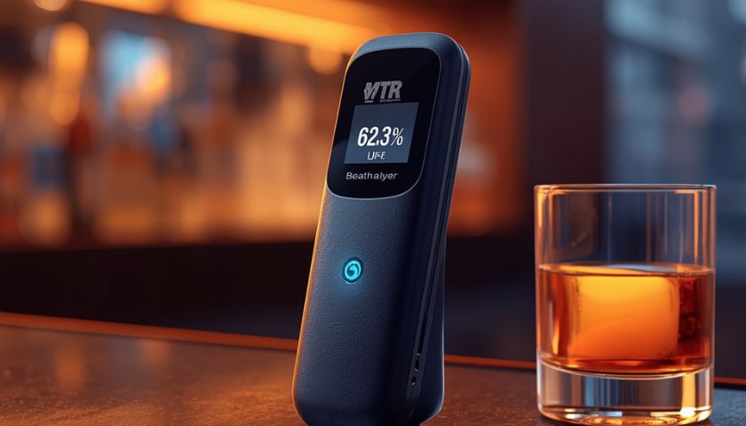 newgen medicals Berührungsloser Alkoholtester mit LCD-Anzeige, LED-Farbskala und Akku
